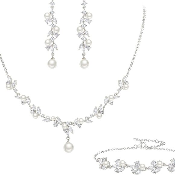 Women's Faux Pearl Jewelry Set Bridal Necklace Earrings Bracelet Hypoallergenic - Picture 1 of 8